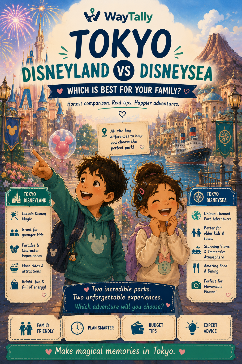 Illustration comparing Tokyo Disneyland and Tokyo DisneySea