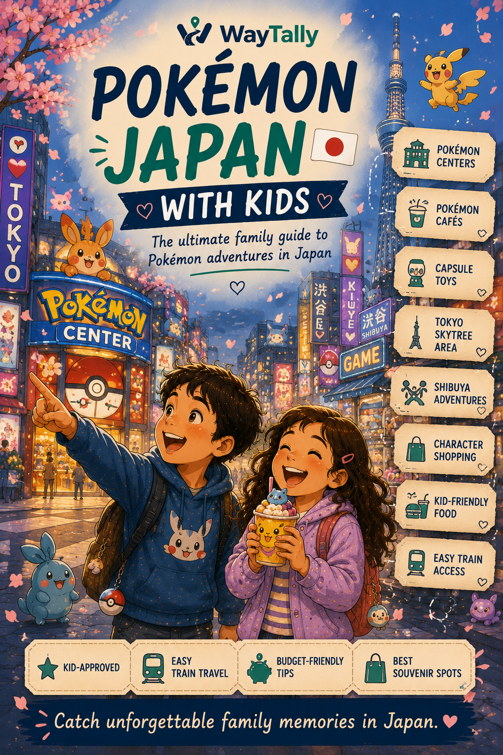 Pokémon character plush and merchandise, representing a Pokémon-themed family trip to Japan