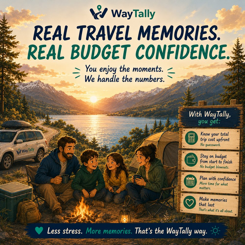 Illustration of a family around a campfire by a mountain lake at sunset, with the WayTally promise: know your total trip cost upfront