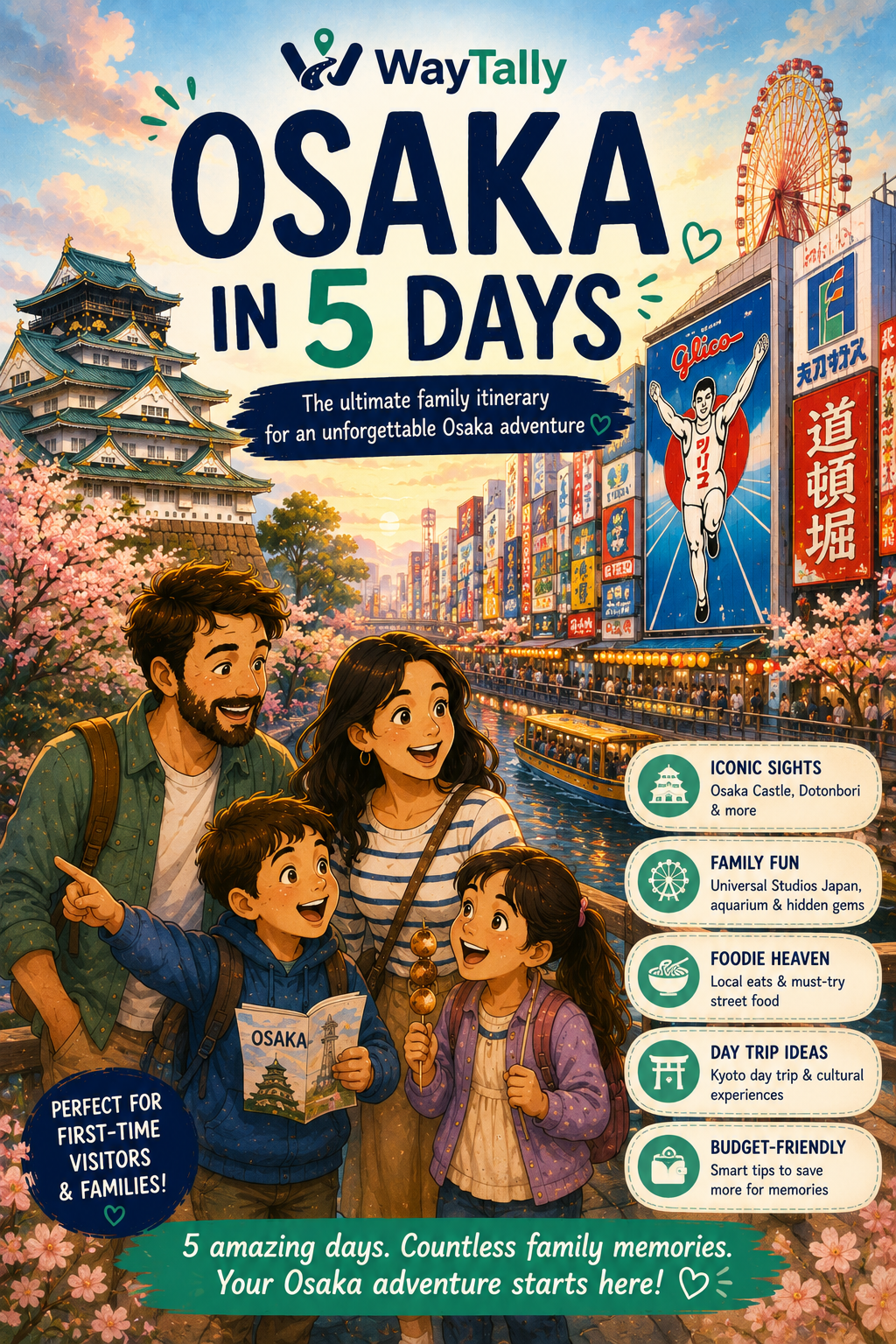 WayTally Osaka in 5 Days poster — a family looking out over Osaka Castle and the neon signs of Dotonbori at sunset