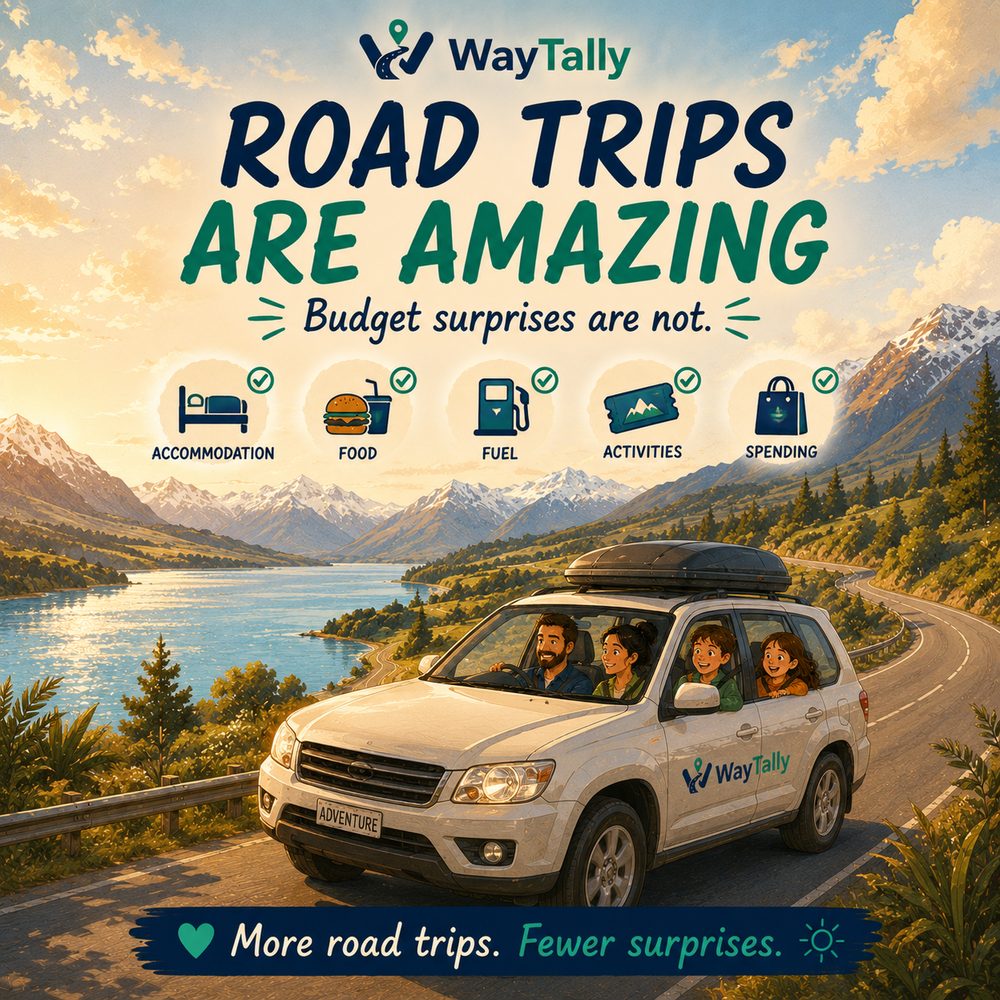 Illustration of a family driving a WayTally campervan along a lakeside mountain road at golden hour