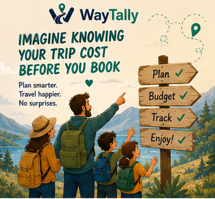 Illustration of a family at a signpost reading Plan, Budget, Track, Enjoy — imagine knowing your trip cost before you book