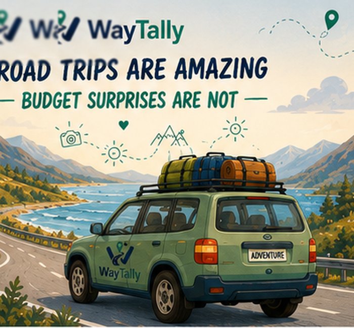 Illustration of a green campervan on a lakeside mountain road — road trips are amazing, budget surprises are not